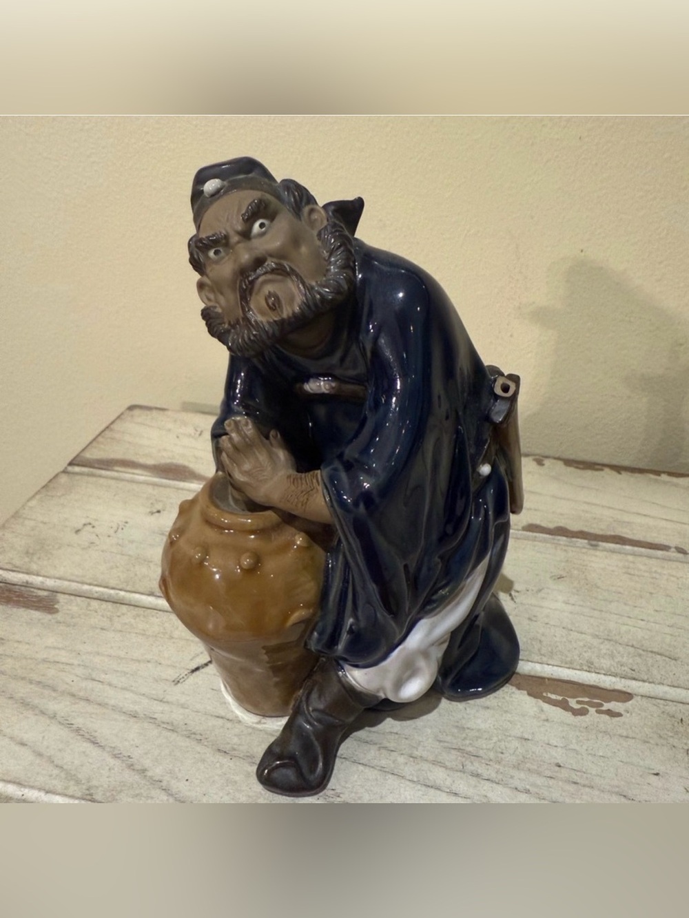 Vintage Chinese Mud Man Figurine - Warrior with Jar - Blue Glazed Ceramic